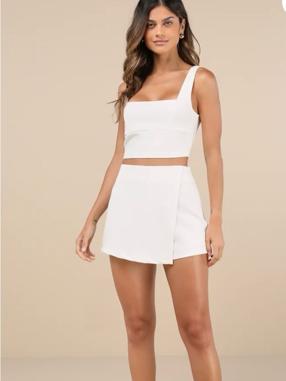 Lulus- Exceptionally Styled Ivory Lace-Up Two-Piece Skort Romper